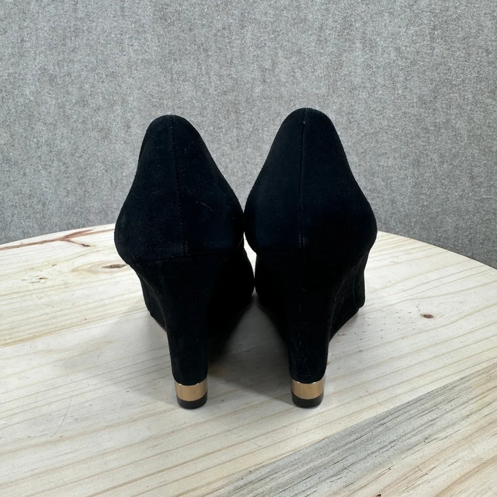 Tory Burch Astoria Wedge Pumps Womens 8.5 Black Suede Gold Logo Heels